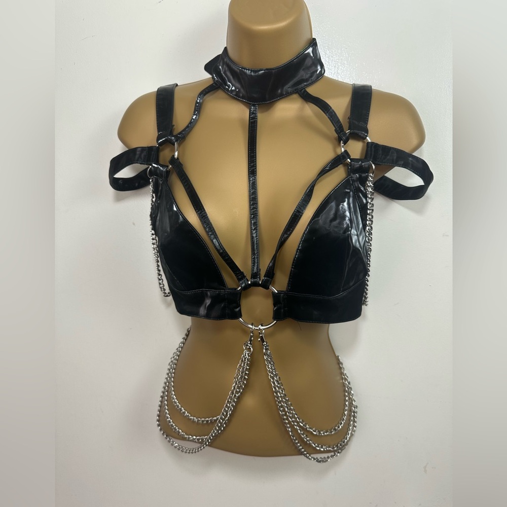 Black Faux Leather Harness Bralette with Silver Chain Accents